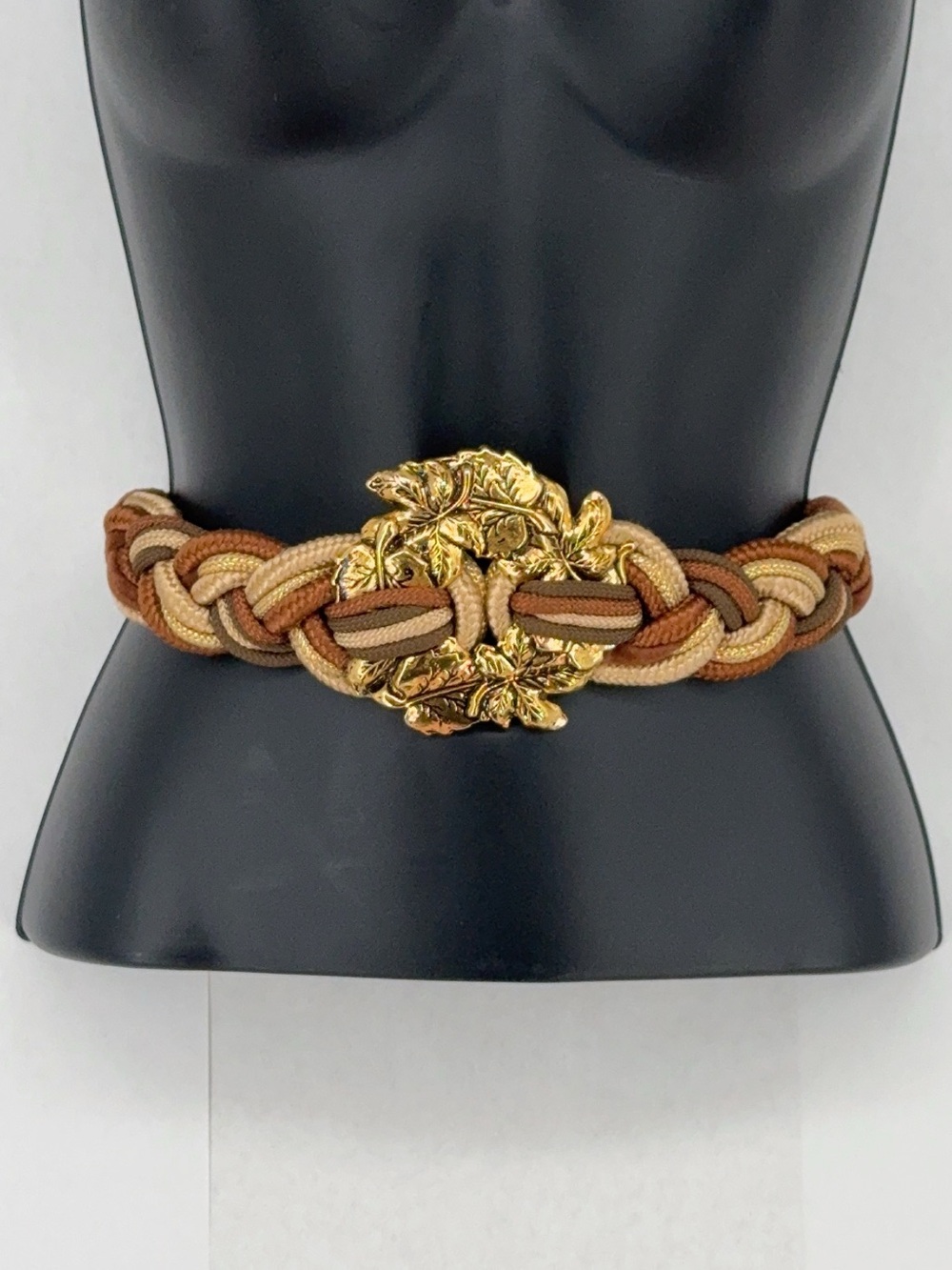 Vintage Metallic Brown Green Braided Rope Stretch Belt Gold Leaf Buckle